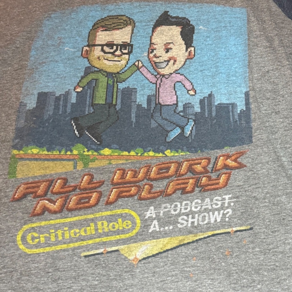Critical‎ Role All Work No Play Podcast Raglan Baseball Tee Mens 2XL Grey Navy